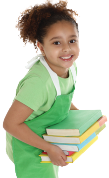 Girl with pile of books